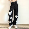 Streetwear Harajuku Trendy Black Jeans Women High Waist Solid Color Butterfly Printing Loose Straight Wide-leg Denim Pants