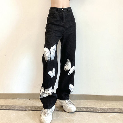 Streetwear Harajuku Trendy Black Jeans Women High Waist Solid Color Butterfly Printing Loose Straight Wide-leg Denim Pants