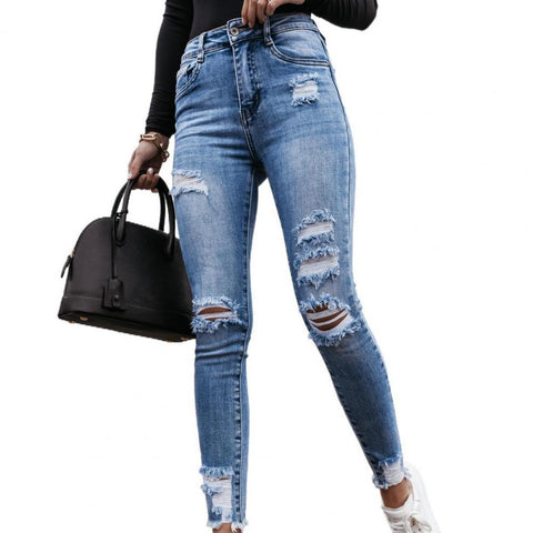 Streetwear Jeans Long Pants Skinny Pockets Trousers Ripped Hole High Waist Denim Skinny Women Jeans for Daily Life Pants