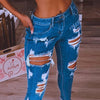 Streetwear Jeggings Women Cutout Fringe Hem Beautiful Denim Pants Kawaii School Trousers Elastic Blue Ripped Jeans Femme