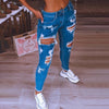 Streetwear Jeggings Women Cutout Fringe Hem Beautiful Denim Pants Kawaii School Trousers Elastic Blue Ripped Jeans Femme
