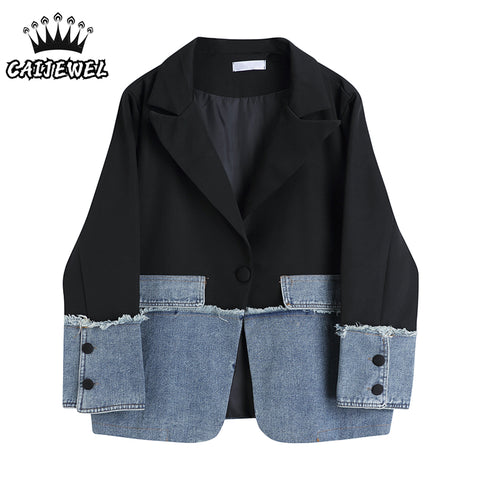 Streetwear Korean Women's Patchwork Denim Blazer Coat Sense of Design Baggy Senior Female TOPs Black Jackets Outwear