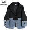 Streetwear Korean Women's Patchwork Denim Blazer Coat Sense of Design Baggy Senior Female TOPs Black Jackets Outwear