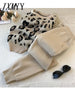 Streetwear Leopard Printed Knit Two Peice Suit Women Long Sleeve O-Neck Sweater Tops + Solid Color Harem Pants Casual Tracksuit