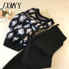 Streetwear Leopard Printed Knit Two Peice Suit Women Long Sleeve O-Neck Sweater Tops + Solid Color Harem Pants Casual Tracksuit