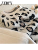 Streetwear Leopard Printed Knit Two Peice Suit Women Long Sleeve O-Neck Sweater Tops + Solid Color Harem Pants Casual Tracksuit