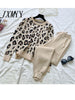 Streetwear Leopard Printed Knit Two Peice Suit Women Long Sleeve O-Neck Sweater Tops + Solid Color Harem Pants Casual Tracksuit