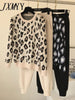 Streetwear Leopard Printed Knit Two Peice Suit Women Long Sleeve O-Neck Sweater Tops + Solid Color Harem Pants Casual Tracksuit