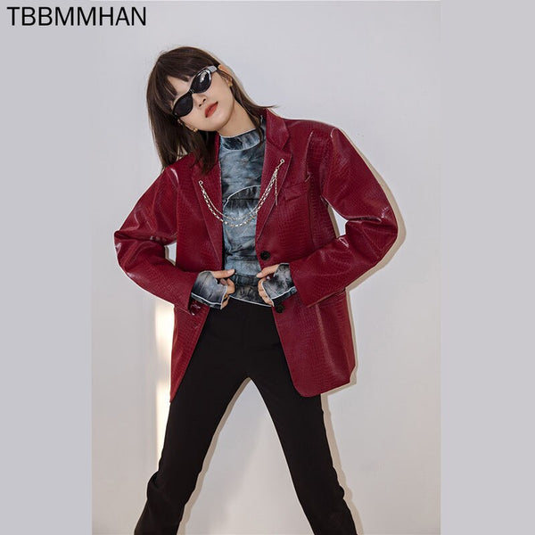 Streetwear Loose Wine Red Faux Leather Blazers Women Chic Chain Notched Collar Long Sleeve Suit Jacket Korean Casual Autumn 2022