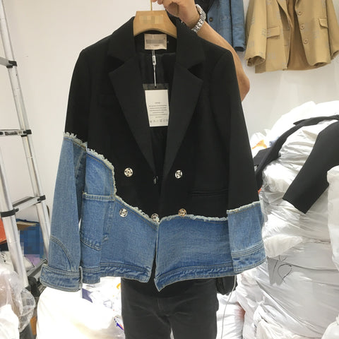 Streetwear Patchwork Woman Coat Denim Jacket Long Sleeve Spring Autumn Jean Coat Woman