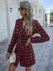 Streetwear Plaid Women Blazer In Stock Lace Up Check Jacket Elegant Casual Slim Fit Lady Coat