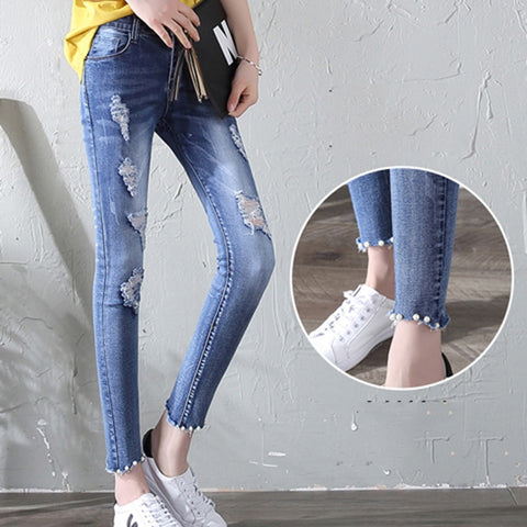 Streetwear Ripped Skinny Jeans For Teen Girls Ankle Length Ripped Jeans Women Vintage Pearl Beading Skinny Denim Pants