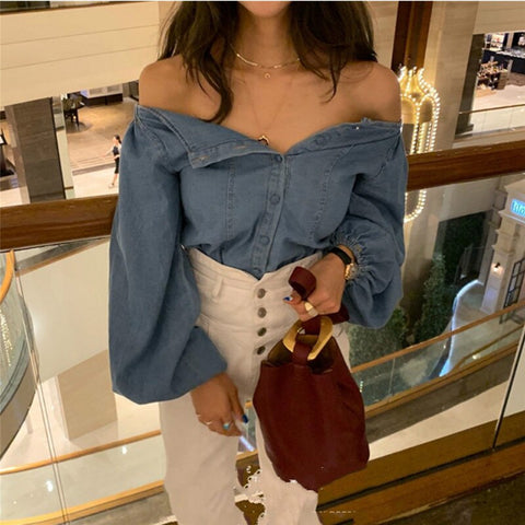 Streetwear Sexy Off Shoulder Slash Neck Women Blouses Korean Single Breasted Denim Female Shirts Korean Harajuku Blusas