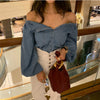 Streetwear Sexy Off Shoulder Slash Neck Women Blouses Korean Single Breasted Denim Female Shirts Korean Harajuku Blusas