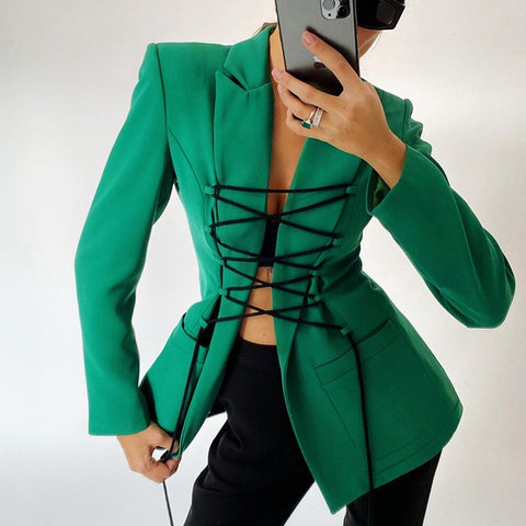 Streetwear Solid Blazer Women Sexy Lace-up Ladies Blazers Female Long Sleeve Pocket Autumn Winter Fashion Long Suit Coats 2022