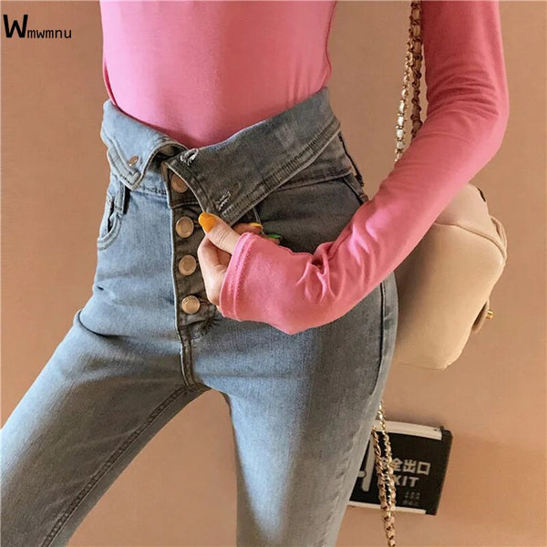 Streetwear Spring Trousers Female Single-Breasted Extra High Waist Skinny Pencil Jeans Women Stretch Denim Ankle-Length Pants