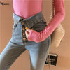 Streetwear Spring Trousers Female Single-Breasted Extra High Waist Skinny Pencil Jeans Women Stretch Denim Ankle-Length Pants