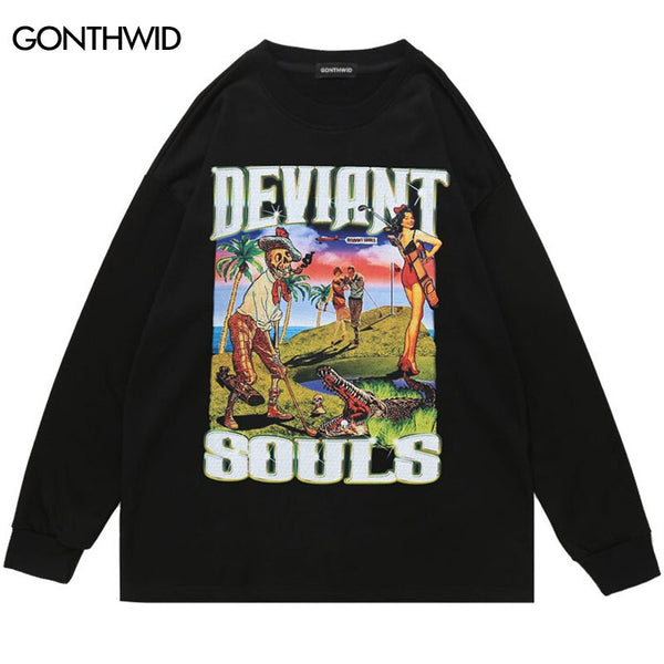 Streetwear T-Shirt Hip Hop Retro Skeleton Skull Girl Graphic Print Cotton Tshirt Men Harajuku Casual Loose Long Sleeve Shirts