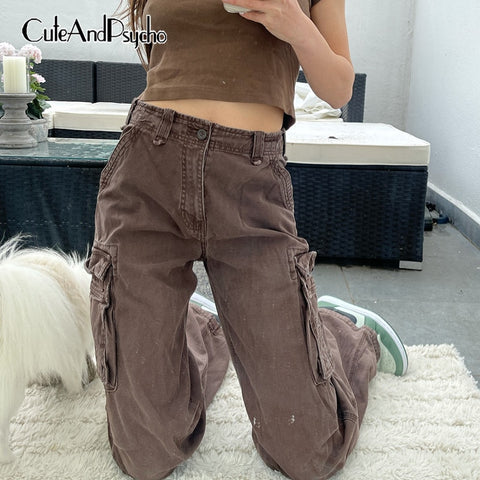 Streetwear Vintage Cargo Jeans Women Pockets High Waist Baggy Brown Pants Aesthetic Grunge Trousers Cuteandpsycho