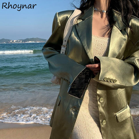 Streetwear Women Blazers Elegant Temperament Green Notched Collar Leisure Party Smooth Club All-match Female Cool Cozy