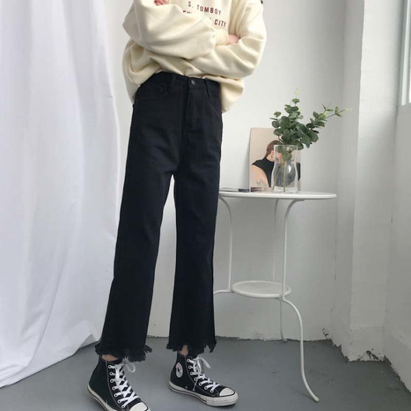 Streetwear Women Fashion Denim Wide Leg Pants 2022 New All-match Korean Black High Waist Solid Jeans Tassel Irregular Trousers