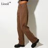 Streetwear Women High Waisted Brown Stretch Pants Loose Boyfriend Straight Leg Jeans Bottoms Denim Trousers Fall Sexy Long Pants