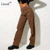 Streetwear Women High Waisted Brown Stretch Pants Loose Boyfriend Straight Leg Jeans Bottoms Denim Trousers Fall Sexy Long Pants