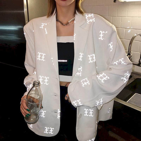Streetwear Women White Blazers Coat Fluorescence Print Long sleeve Suit Coat 2022 Women's Blazer Jacket Oute