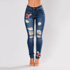 Stretch Embroidered Jeans For Women Elastic Flower Jeans Female Pencil Denim Pants Hole Ripped Rose Pattern Jeans Pantalon Femme
