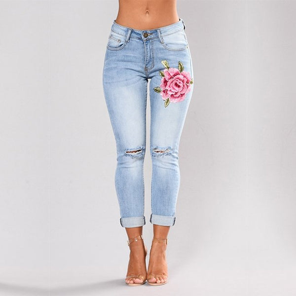 Stretch Embroidered Jeans For Women Elastic Flower Jeans Female Pencil Denim Pants Hole Ripped Rose Pattern Jeans Pantalon Femme
