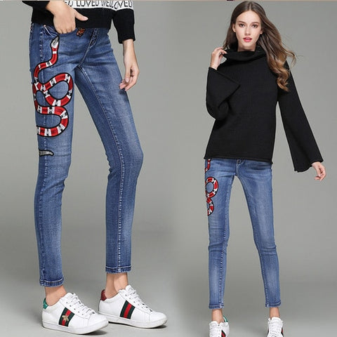 Stretch snake embroidered Jeans Women cotton Elastic Jeans Female Pencil Denim Pant casual zipper fly Denim Pant luxury runway