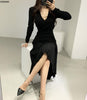 Stretchy Women Knitted Bodycon Pencil Dress Autumn Winter Solid Vestidos Long Sleeve V Neck Slim Lady Chic Korean Dress