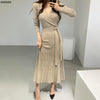Stretchy Women Knitted Bodycon Pencil Dress Autumn Winter Solid Vestidos Long Sleeve V Neck Slim Lady Chic Korean Dress