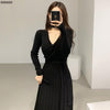 Stretchy Women Knitted Bodycon Pencil Dress Autumn Winter Solid Vestidos Long Sleeve V Neck Slim Lady Chic Korean Dress