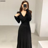 Stretchy Women Knitted Bodycon Pencil Dress Autumn Winter Solid Vestidos Long Sleeve V Neck Slim Lady Chic Korean Dress