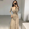 Stretchy Women Knitted Bodycon Pencil Dress Autumn Winter Solid Vestidos Long Sleeve V Neck Slim Lady Chic Korean Dress