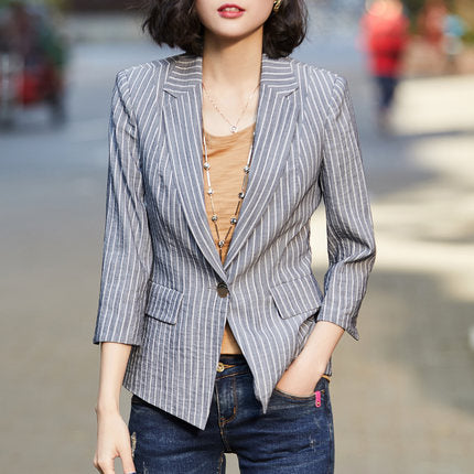Stripe Blazer Suit Female Jacket New 2022 Spring Summer Small Retro  One Button Khaki Grey S-3XL Plus Size Chaqueta Mujer