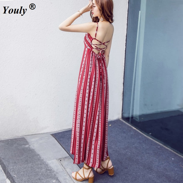Stripe floral printed chiffon maxi beach dress summer Strap v-neck Sexy backless Hollow out women dress long Strappy vestidos