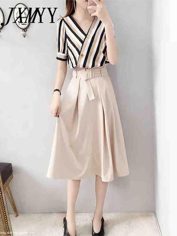 Striped Dress Two-Piece Women's 2023 Summer Mid-Length Fashionable Temperament Skirt Is Thin And Casual High-Waisted Skirt