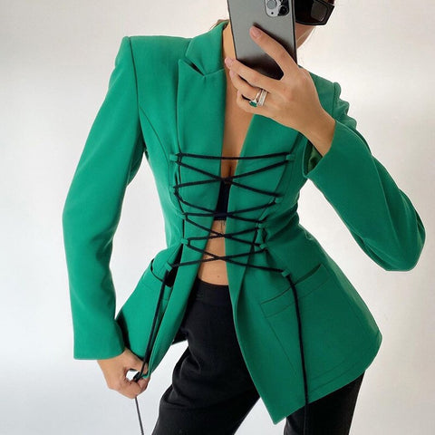Striped Korean version of the contrasting color tie temperament commuter skin tone slim solid color suit collar jacket