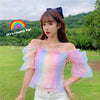 Striped Rainbow Stretchy Shirt Summer Sweet Ruffles Slash Neck Cropped Blouses Women Mesh Crop Tops For Girls