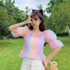 Striped Rainbow Stretchy Shirt Summer Sweet Ruffles Slash Neck Cropped Blouses Women Mesh Crop Tops For Girls