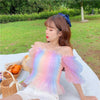 Striped Rainbow Stretchy Shirt Summer Sweet Ruffles Slash Neck Cropped Blouses Women Mesh Crop Tops For Girls