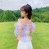 Striped Rainbow Stretchy Shirt Summer Sweet Ruffles Slash Neck Cropped Blouses Women Mesh Crop Tops For Girls