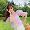 Striped Rainbow Stretchy Shirt Summer Sweet Ruffles Slash Neck Cropped Blouses Women Mesh Crop Tops For Girls