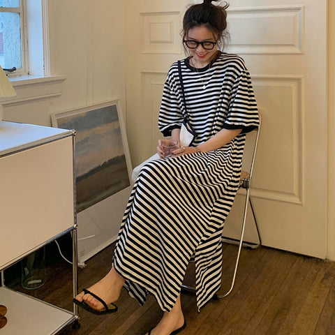 Striped Sloth Dress Women Long Belly Covering Casual Loose Lazy Style Clothes Harajuku Ladies Dresses Korea Japan