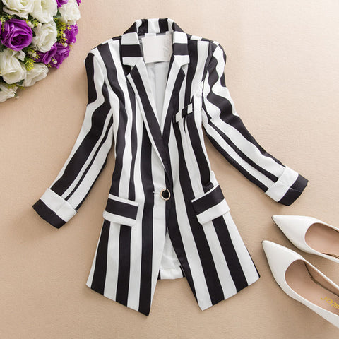 Striped White And Black Women Blazers Autumn Winter 2023 Turn-Down Collar Pocket Slim Elegant Office Lady Outwear Tops