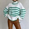 Striped Winter Pullover Women Casual Side Split Knitted Sweater Turtleneck Oversize Long Sleeve Knitwear Loose Jumper