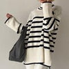 Striped Winter Pullover Women Casual Side Split Knitted Sweater Turtleneck Oversize Long Sleeve Knitwear Loose Jumper