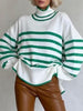 Striped Winter Pullover Women Casual Side Split Knitted Sweater Turtleneck Oversize Long Sleeve Knitwear Loose Jumper